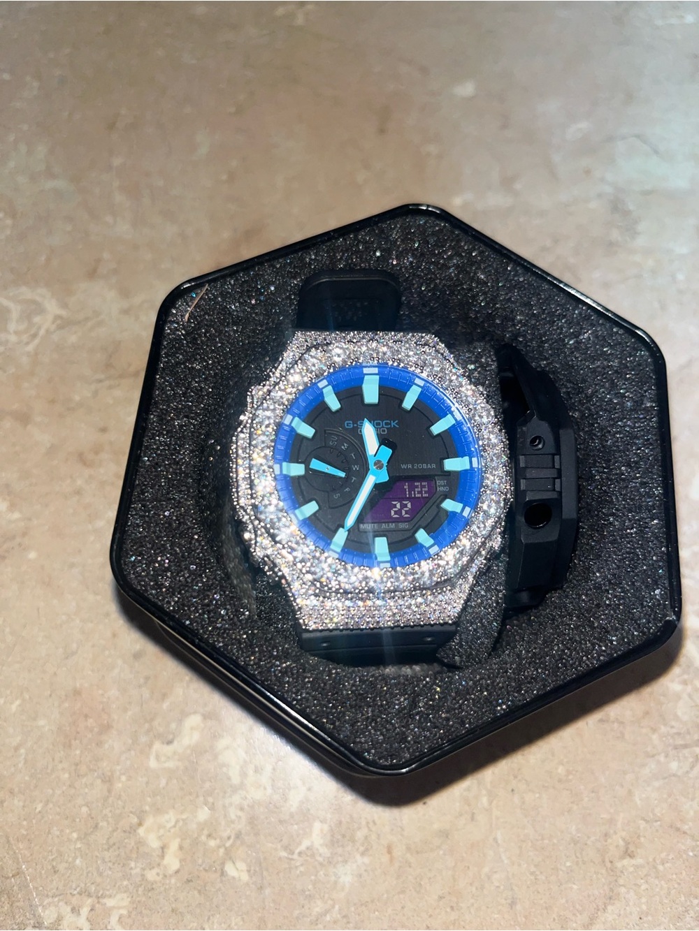 G-Shock Black Band Blue Dial Watch with Crystal Bezel